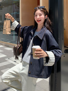 Fashionable Striped Patchwork Loose Fit Denim Jacket Womens Short Outerwear Autumn 2025 New Style Small Size Jacket