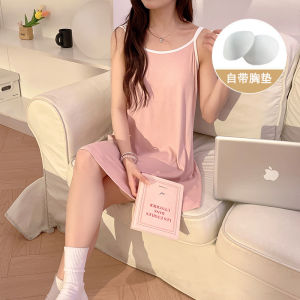ชุดนอนผู้หญิง Modal ฤดูร้อน 2025 ใหม่ สีพื้น ชุดนอนลำลอง ชุดนอนแบบสายเดี่ยว พร้อมแผ่นเสริมหน้าอก ชุดนอนผู้หญิง