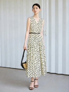 Summer Elegant Sleeveless V-Neck High Waist Silk Blend Polka Dot Dress