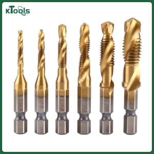 【COD】Ktools 6Pcs Hex Shank Titanium Plated HSS Screw Thread Metric Tap Drill Bits Screw Machine Compound tap M3 M4 M5 M6 M8 M10 Hand Tools