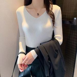 Spring Autumn Simple V-Neck Solid Color Knitwear