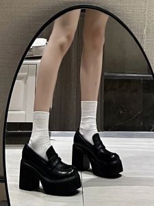 Elevated 9cm Full Sheepskin British Style Womens Black Thick Bottom Loafers Chunky Heel Single Shoes Versatile Fashion Footwear