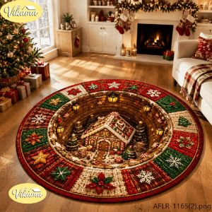 VIKAMA Christmas Round Rug Snowman Tree Gifts Lights Star Area Rug Living Room Holiday Home Decor Aesthetic Art Large Premium