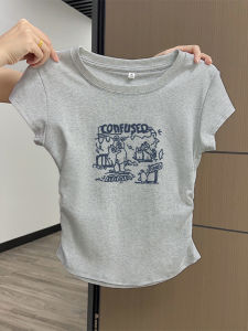 Womens Short Sleeve T-Shirt round Neck Pleated Slim Fit Summer New Style Commute Style Korean Version Print Cotton Casual Wear