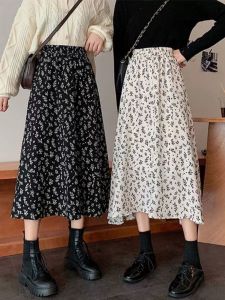 กระโปรงยาวผ้าชีฟองลายดอกไม้เอวสูงสไตล์ฝรั่งเศส กระโปรงยาวคลุมเข่าผ้าชีฟองผสมสำหรับผู้หญิงไซส์ใหญ่ ฤดูใบไม้ผลิและฤดูร้อน 2023
