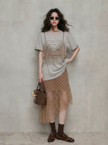 GULILI | Polka Dot Fashionable Relaxed Two-Piece Outfit Short Sleeve T-Shirt and Skirt
