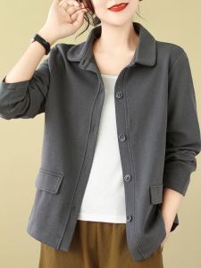Retro Pure Color Cotton Short Coat for Women Autumn Outerwear Simple plus Size Western Style Polo Collar Jacket Cardigan Sweater Top