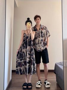 Couple Matching Summer Gradient Print Long Sleeve A-Line Dress Womens Holiday Style Gown High Waist Printed Polyester Fiber