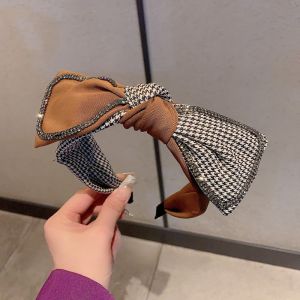 Wide Edge Plaid Fabric Hairband with Large Bow Knot Diamond Embedded Versatile Anti-Aging Stylish Hair Accessories