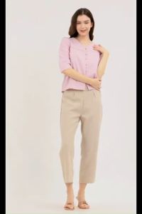 Krizia V-Neck Button Down Lace Trim Linen Blouse Top