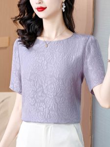 Silk Short Sleeve T-Shirt Womens Summer New Arrival Ladieswear Classy Mulberry Silk Top Purple Jacquard Short T-shirt under Shirt