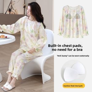 Miiow | Pure Cotton Sleepwear Womens Long Sleeve Thin Home Clothes Set With Chest Pad Spring Autumn Outwear Suitable For Outdoor