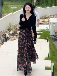Ge·an·fei | French Style Black Floral Long Sleeve Dress Waist Shaping
