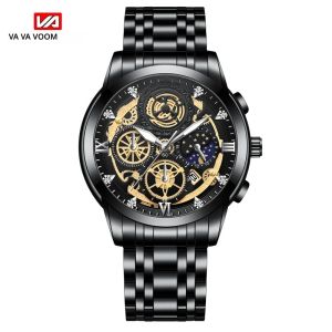 VA VA VOOM ยี่ห้อสแตนเลสสีดํานาฬิกาแฟชั่นผู้ชาย Rhinestone 41 มม.สไตล์ควอตซ์นาฬิกา reloj hombre