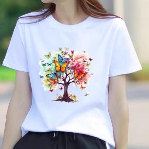 ลำลอง ฤดูร้อน เสื้อยืดแขนสั้นพิมพ์ลายผีเสื้อ สลิมฟิต ทันสมัย สไตล์เกาหลี ผู้หญิง เสื้อท่อนบน น้ำหนักเบา ชุดกลางแจ้ง