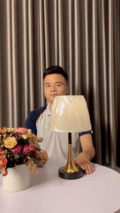 Đèn ngủ để bàn thân đứng mạ màu đồng chao vải gai dầu My Home DN087