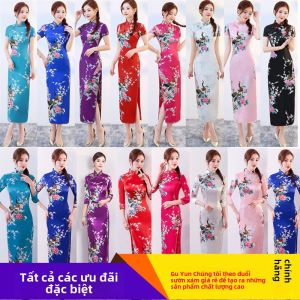 Đầm Dài Satin Cỡ Lớn Phong Cách Trung Hoa Biểu Diễn Đầm Trà Thiết Kế Cổ Điển Cạp Cao Tay Lửng Đầm Dự Tiệc Mùa Hè 2024