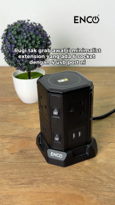 Enco 4u6k-w Black(6 Gang Wireless Charging) SIRIM Approved Vertical Tower Extension Socket UK Plug Adapter Power Strip with 4 USB Port 2M Cable Cord