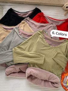 chaqi | Lace Trim Round Neck Thermal Long Sleeve T-Shirt Womens Autumn Winter New Style Fleece Lined Thickened Slim Fit Base Shirt