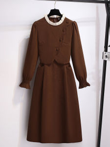 Retro Velvet Long Sleeve Dress Womens Fashion Autumn New Waist Cinched A-Line Dress Fake Two-Piece Bubble Sleeve Hemmed Dress