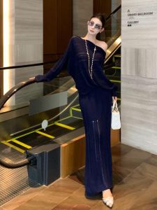 SHANGSHA | Elegant Glamour Sophisticated Queen Vibe Blue Off-Shoulder Knit Dress Set