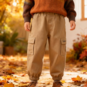 กางเกงคาร์โก้เด็กผู้ชาย แฟชั่นฤดูใบไม้ผลิ/ฤดูใบไม้ร่วง ผ้าสีพื้น เอวยางยืด ใส่ได้ทุกวัน เหมาะกับกิจกรรมกลางแจ้ง