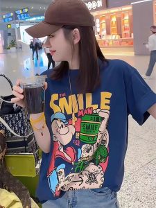 American Heavyweight Cartoon Letter Print Pure Cotton Short Sleeve Womens T-shirt Summer Loose Mid-Length Trendy Top