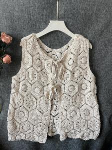 Womens Knitted Vest Top Hollow out Strapless Summer Spring Outerwear Diamond Patterned Fashionable Versatile round Neckline