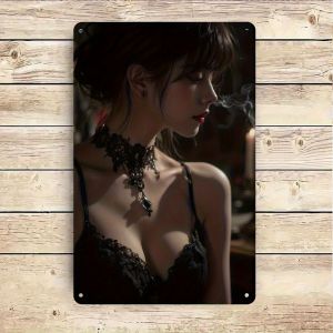 CIFbuy | 2D Flat Gothic Woman Silhouette Metal Sign - Beige Crimson Lips 8x12in Halloween Christmas Wall Decor