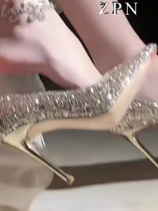 Champagne Color Wedding Shoes Womens Show Beauty Two-Way Wear Spring Summer New Elegant Sparkling High Heels Slip-On Shoes