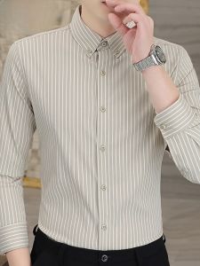 HENGYUANXIANG | Hengyuanxiang 2025 New Mens Slim Fit Long Sleeve Striped Shirt Khaki Color Trendy Casual Spring Autumn High End Button Up Shirt