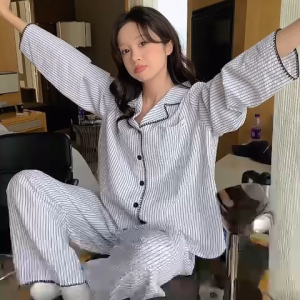Womens Pajama Set Korean-Style Minimalist Striped Loose & Comfortable Loungewear