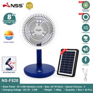 NSS Foldable 8" Mini Electric Fan Usb Charging Three-Speed Rechargeable Folding Fan With Solar Panel With Led Light NS-F828