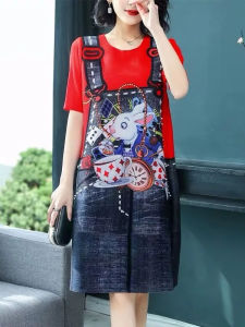 ชุดเดรสยาวทรงเอแขนสั้นพิมพ์ลายแฟชั่นฤดูร้อนสำหรับผู้หญิง ทรงหลวม กระโปรงทรงเอ ทรงหลวม สไตล์ญี่ปุ่น กระโปรงยาวปานกลาง