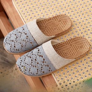 รองเท้าแตะพื้นลื่นสำหรับในบ้าน รองเท้าแตะผ้าลินินฤดูร้อนแบบเปิดหัวสำหรับผู้ชายและผู้หญิง รองเท้าแตะพื้นนุ่มระบายอากาศได้ดี