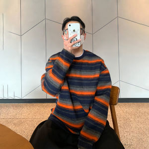 DAVID&ME | Orange Stripe Round Neck Contrast Color Japanese Style Loose Fleece Long Sleeve T-Shirt