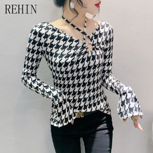 REHIN เสื้อยืดแขนยาวคอวีแบบใหม่สำหรับฤดูใบไม้ผลิเสื้อยืดลายตามเสื้อสตรีต่ำเข้ารูปแบบกลวงผูกเชือก