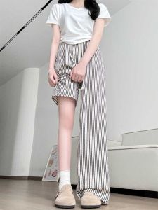 กางเกงขายาวทรงตรงลายทางสีดำขาวเอวสูงทรงหลวมสำหรับผู้หญิงไซส์ใหญ่ กางเกงขายาวทรงตรงสำหรับใส่ไปเดินเล่นในช่วงฤดูร้อน