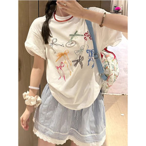 Cute Butterfly Knot Printed White Short Sleeve T-Shirt Womens Fashionable Summer Top Korean Style Loose Fit Cotton 100%