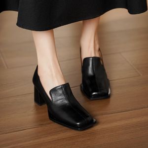 Top Layer Cowhide Deep Mouth Womens Single Shoes Spring Autumn New Coarse Heel Square Head Slip-On Loafers Commuter High Heels