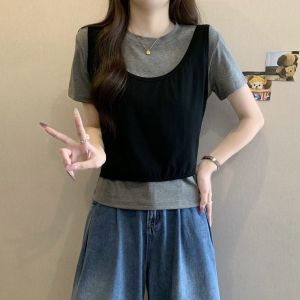 เสื้อยืดแขนสั้นคอตตอนแท้สีดำ เสื้อผ้าทำงานสไตล์เกาหลี ทรงหลวม แขนสั้น ลายการ์ตูนสุดเก๋สำหรับฤดูร้อน