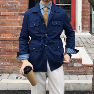 New Italian British Style Safari Jacket Multi-Pocket Denim Blue Jacket Silm Male Korean Style Windbreaker Gentleman Retro Outwear Tide