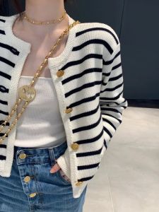 Spring Autumn Knitted Small Fragrance Style Sweater Coat Women Color Block Long Sleeve Short Loose Outerwear Top