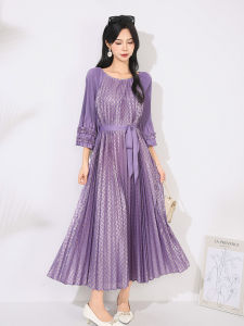 Miyake Pleated Metallic Dress - Round Neck 3/4 Sleeve Shift Dress Contrast Panel Flowy Silhouette for Women Wrinkle Free Rayon Blend (Free Shipping)[20252163]