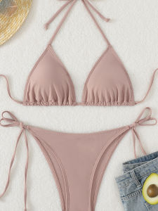 Solid Color Low Waist Strap Swimsuit Set Pure Color Tie Waist Bikini Womens Fashionable Swimming Costume Dress