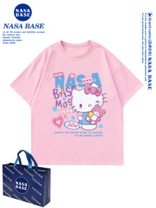 Cute Girls Short Sleeve Cotton T-shirt NASA BASEKT Cat Print Childrens Summer Top Breathable Absorbent round Neck Kids Clothes