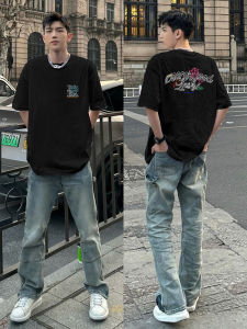 American Style Casual Heavyweight Short Sleeve T-Shirt Men Summer Trendy Design Letter Loose Small Collar Top Ins Cotton round Neck