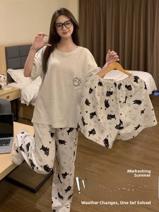 Miiow | Pure Cotton Summer Thin Short Sleeve Sleepwear Three-Piece Set For Women Home Clothes Sweet Girl Feeling Youth Summer Pajamas