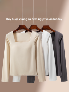 MiiOW | Áo thun Modal ấm áp dài tay cho nữ mùa thu đông lót lông cừu dày cổ vuông MiiOW Áo thun cotton co giãn thoải mái thường ngày