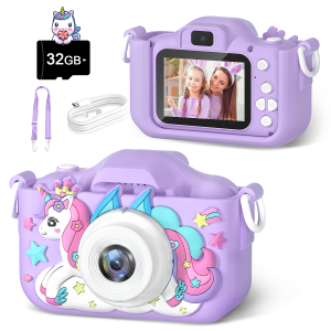 Purple Unicorn Kids Digital Camera 1080P HD Toy Cameras With 2-Inch IPS Screen 32GB Card for Girls Birthday Christmas Gift